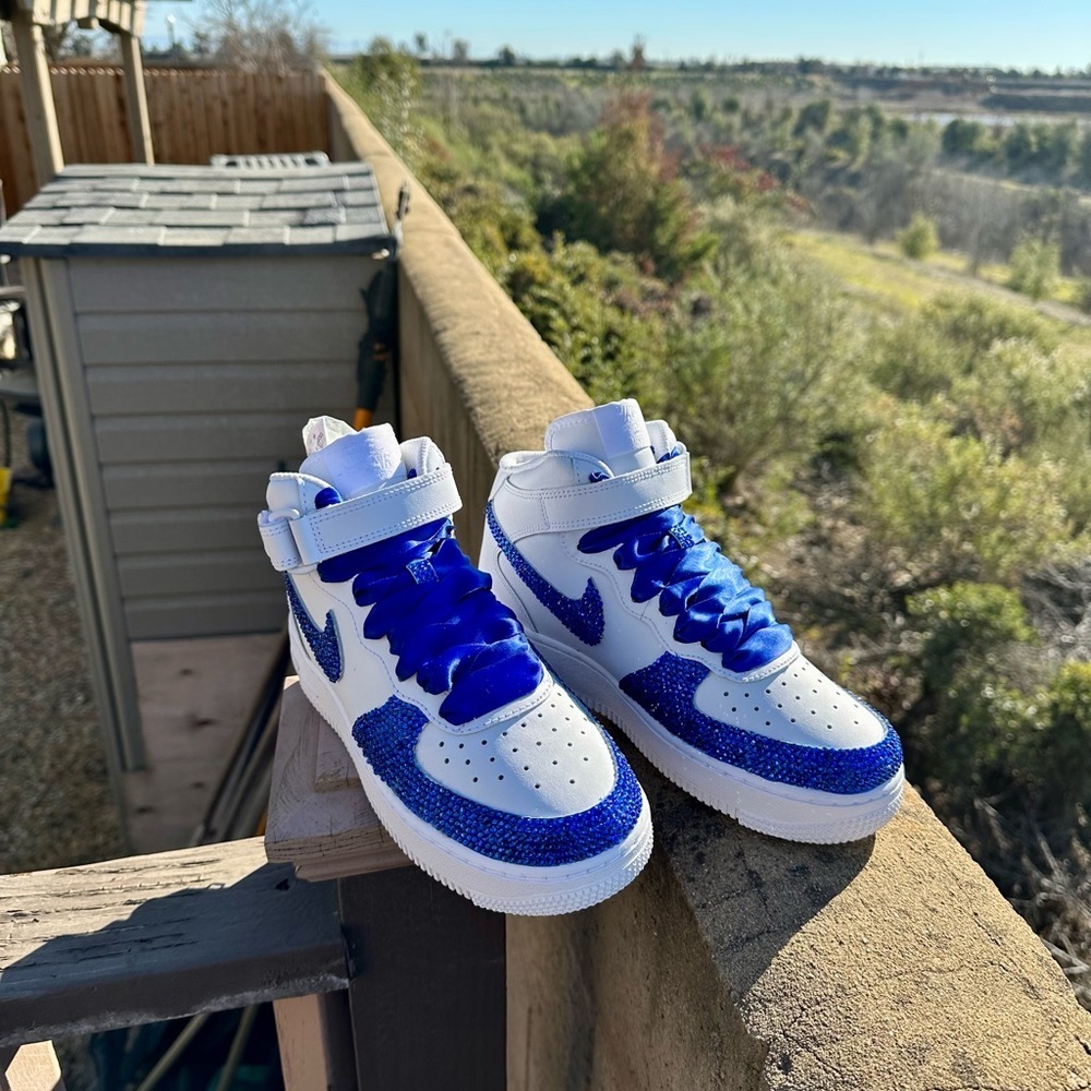 Custom Nike Air AF1 Blue Mid-Top Shoes, Rhinestone Wedding Shoes - Picture 3 of 4